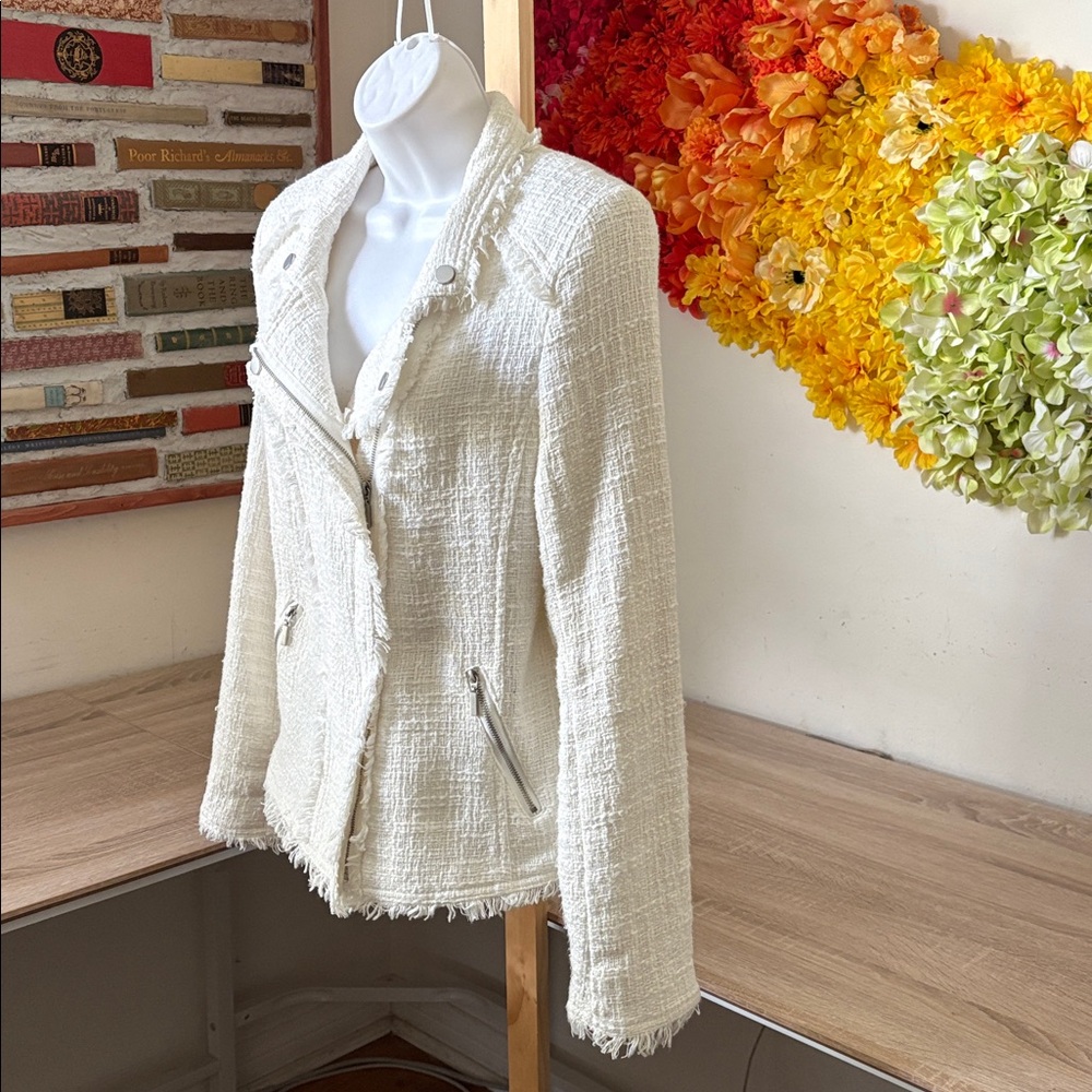 Carolina Belle Montreal White Edgy Tweed Frayed Trim Moto Jacket Blazer - Picture 4 of 13